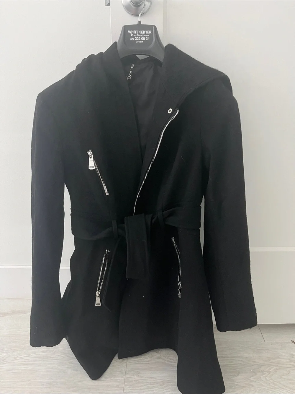 bebe Black Wool-Blend Coat with Silver Chain Detail